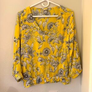 Yellow floral print 3/4 sleeve blouse. Size medium
